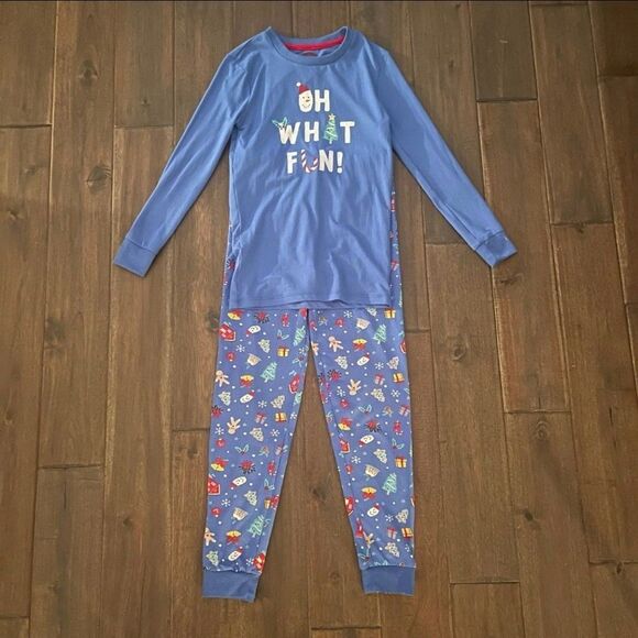 Holiday Time Oh What Fun! Kids Christmas Pajamas Blue L 10-12 - Picture 1 of 5